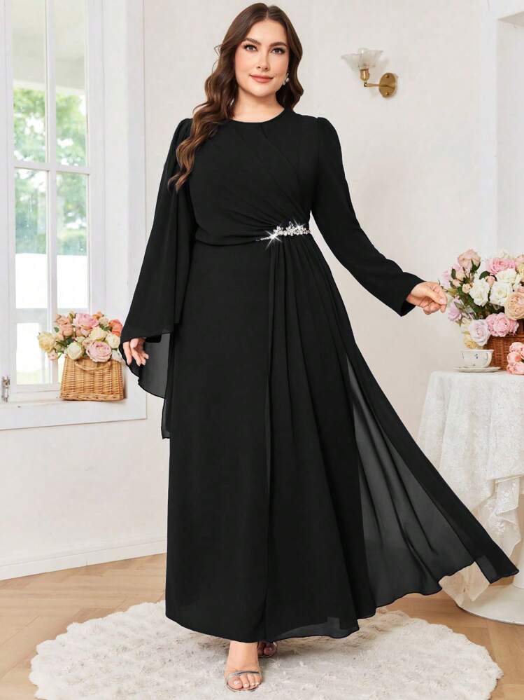 Modelyn Plus Size Women's Elegant Rhinestone Embellished Waist Fitted Round Neck Party Dress Fall Cloth For Women - Black - View 3