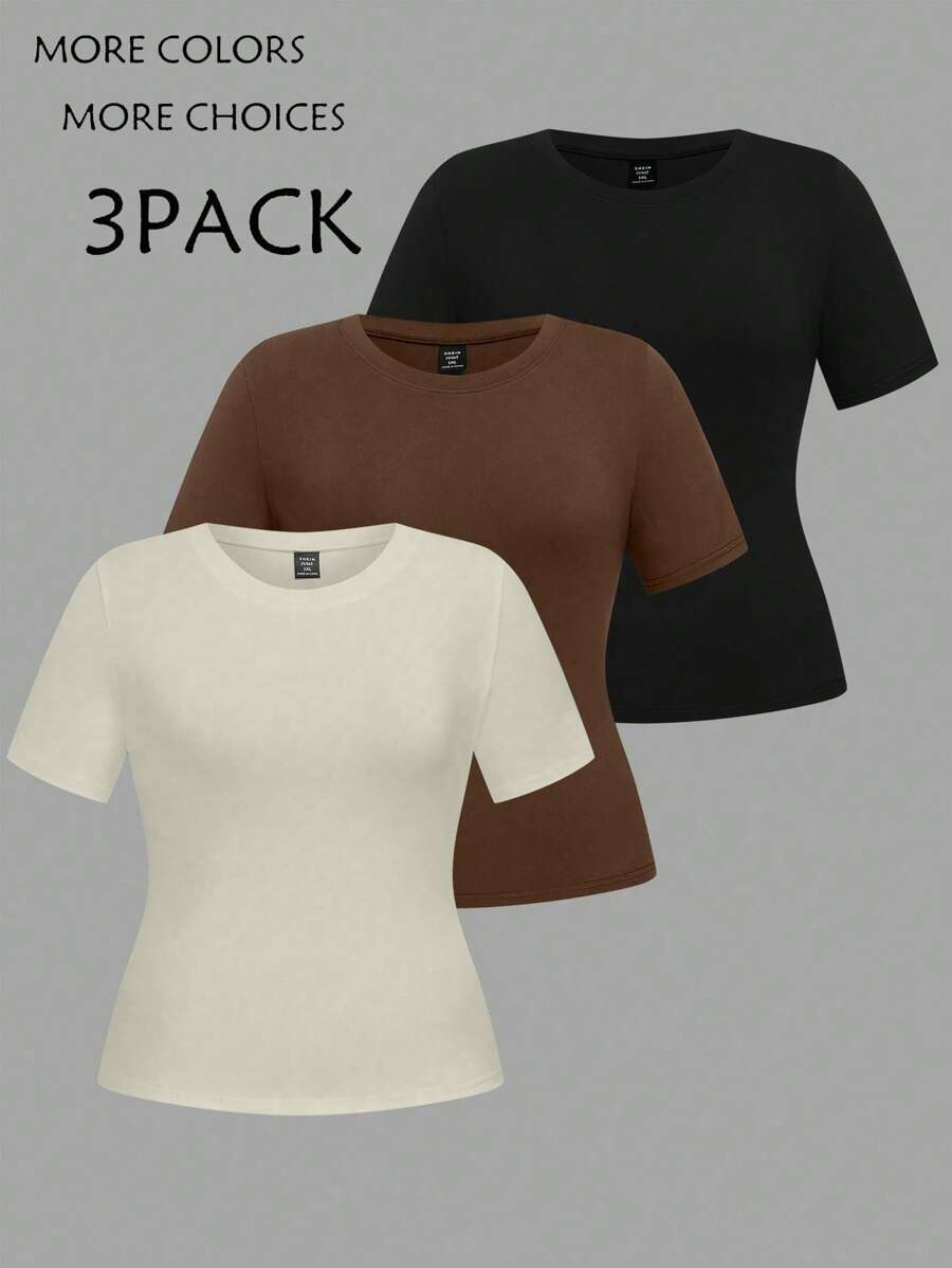 SHEIN LUNE 3 chiếc áo phông cổ tròn tay ngắn cơ bản cỡ lớn - Nhiều màu - Xem 1