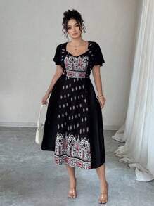 Elenzga Vestido de línea A con mangas con volantes y estampado floral retro para mujer talla grande - Negro - Ver 1