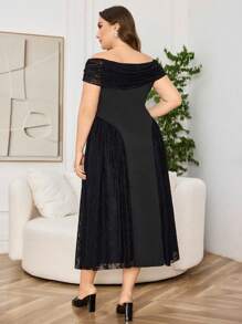 Modelyn Plus Size Elegant Solid Color Knit Lace Patchwork Off Shoulder Ruched A-Line Black Dress, Spring/Summer - Black - View 2