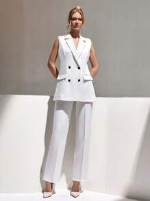 CLARA VERO Conjunto de traje elegante de dos piezas para mujer, chaqueta sin mangas de solapa doble botonadura con parches de unicolor y pantalones, ropa de verano profesional para mujer, conjunto de verano para mujer en color blanco - Blanco - Ver 6