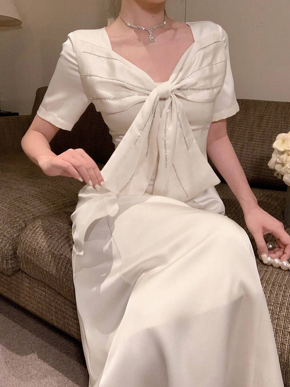 Women's Square Neck Bowknot Front Cinched Waist A-Line Long Dress, Elegant Evening Party Wear With Crystal Decor, Summer Wedding Women Dress