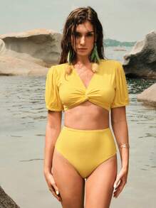 Anewsta Women's Summer Beach Holiday Solid Color High Waist Twist Puff Sleeve Design Swimsuit Set - Yellow - View 6