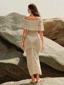 Anewsta Modisches, elegantes, reifes, hochwertiges gehäkeltes Strandkleid, Off-Shoulder für den Urlaub, 2025SS - Beige - Übersicht 2