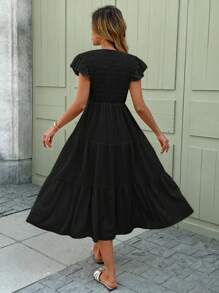 SHEIN LUNE Spring Romantic Date Ruffled & Layered Hem Pink Mid-Length Dress For Women Black Summer Dress Women Black Sundress Women Casual Black Dress Black Vacation Dress Black Beach Dress - Black - View 3