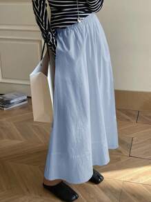 DAZY 女士休闲日常全棉纯色半身裙，返校季秋季半身裙 - 藍色 - 查看 3