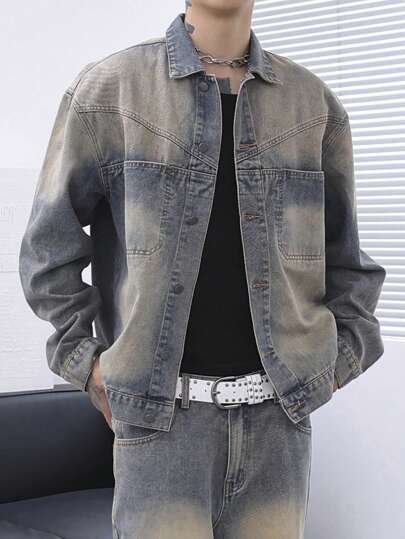 Claim Dot Plus Size Men Gradient Color Patch Pocket Front Button Long Sleeve Denim Jacket, Fall