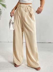 Firerie High Waist Plicated Detail Knot Side Wide Leg Pants - Apricot - View 4