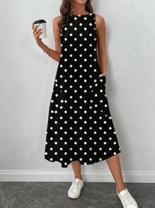 SHEIN LUNE Women Casual Midi Polka Dot Print Dress, Suitable For Spring/Summer Vacation Dress Suitable For Going Out Chic Dress