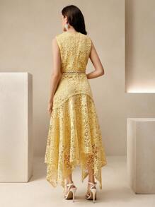 Anewsta Spring/Summer Elegant Romantic Chic High-End Water Soluble Floral Patchwork Asymmetrical Hem Yellow Dress - Yellow - View 2