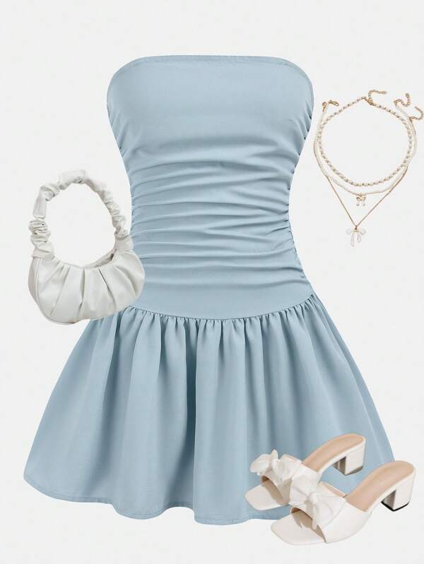 SHEIN Girlism Vestido corto de tubo azul con cintura fruncida y vuelo para adolescentes, vestido informal de resort