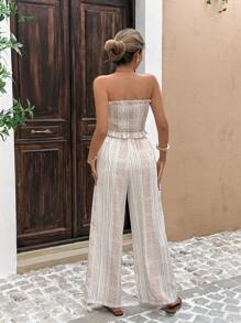 Serisse 2件套女士假日条纹抹胸上衣和裤子套装 - 杏色 - 查看 2