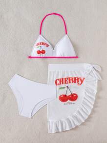 Tween 3 Pieces Cherry Bikini Swimwear Set For Beach Party - White - View 3
