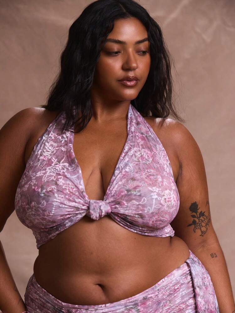 MUSERA Plus Halterneck Lace Twist Front Crop Top Holiday Swim Sexy
