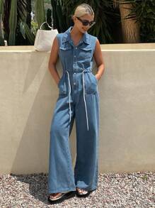 Livesso السيدات بلون واحد, بدون أكمام, سروال واسع وبذلة جينز