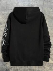 AXEPEAK 男士日文字母龙图案抽绳连帽衫，黑色棒球长袖中国龙图案连帽衫，适合外出穿着，可作为朋友、丈夫、男友礼物，街头风，适合秋冬季节，情侣装