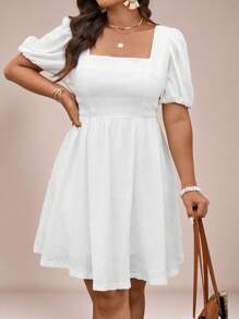 SHEIN VCAY 大码女式纯色短款泡泡袖方领连衣裙 - 白色 - 查看 5