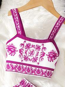 Sparklyn 青少年女孩两件套全身印花吊带背心和迷你裙，休闲度假风 - 紫色 - 查看 3