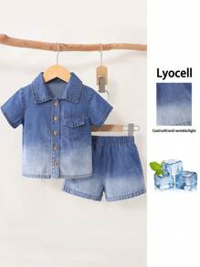 Tenue décontractée pour tout-petits garçons, 2 pièces : chemise en denim lavé doux et short assortis. Style mode mode de rue ample pour les vacances d'été