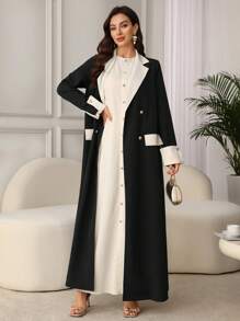 SHEIN Najma Women Conservative Loose V-Neck Long Cardigan And Round Neck Camisole Two-Piece Set, Casual Simple Solid Color - Black - View 3