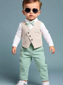 2 件套男婴正式绅士西装套装 - 纯色不对称翻领仿口袋背心和松紧腰休闲裤，（不含衬衫，不含蝴蝶结配饰），常规款式，适合所有季节，适用于生日派对、表演、婚礼、洗礼、生日庆祝和其他正式场合 - 彩色 - 查看 3