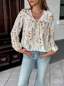 Pariaura Áo cánh tua rua hoa nhỏ nhắn cho nữ đi nghỉ mát thường ngày vào mùa hè - Màu be - Xem 7