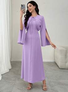 Modelyn 2 件套女士优雅短款夹克，带水钻装饰和紧身连衣裙，春夏 - 淡紫色 - 查看 4