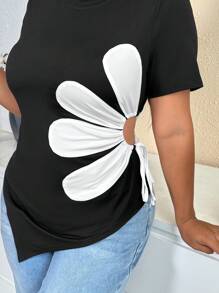Elenzga Camiseta de Gola Redonda de Manga Curta Plus Size, Moda para o Verão - Preto - Visão 8