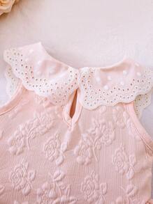 SHEIN Elladie kids Baby Girls Peter Pan Collar Sweet Princess Lace Trim Pink Sleeveless Dress, Summer Pink Baby Girl Dress With Collar Collared Baby Girl Dress Summer Baby Girl Dress - Pink - View 5