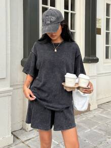 SHEIN Muchic Bộ 2 áo thun và quần short dệt kim màu đen giản dị mùa hè cho nữ - màu đen - Xem 2