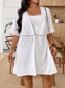 EMERY ROSE Plus Size Women Solid Bell Sleeve Long Lightweight Vacation Tassel Jacket - White - View 3