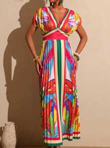 SHEIN Tall Colorful Print Deep V-Neck Batwing Sleeve Pleated Vacation Dress For Women, Tall Women - Multicolor - View 3