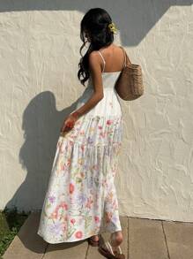 Vestido  de color albaricoque claro, con tela texturizada, top de tubo plisado, cintura ancha y holgada, con tirantes finos, estilo relajado para vacaciones. - Blanco - Ver 2