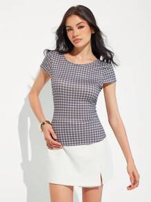 Roylia Women Simple Round Neck Plaid Cutout Back Fitted Short Sleeve T-Shirt - Multicolor - View 6