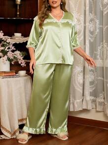 Côtesoire 大码法式浪漫优雅缎面蕾丝边睡衣套装 - 水鴨藍 - 查看 5