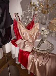 SilkySpell 3 件套女士缎面刺绣蕾丝 V 领吊带背心和短裤睡衣套装，多色组合 - 彩色 - 查看 6