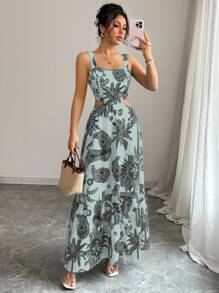 Elenzga 2025 Fashionable Print Square Collar Belted Cutout Back Lace-Up Casual Vacation Sleeveless Dress, Bohemian Music Festival Style, Summer