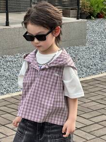 DAZY Young Boy Casual Plaid Pattern Letter Hoodie Shirt, Summer - Blue - View 1