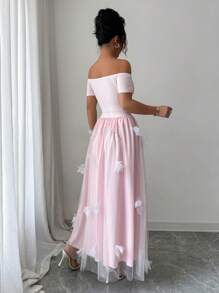 Selianne Standard Size Women Off Shoulder Solid Top + Floral Mesh Patchwork Skirt, 2pcs Elegant Set - Pink - View 2
