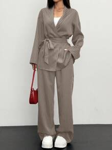 Firerie Plus Size Women's Striped Wrap Elegant & Casual Kimono Blazer Suit Set, Grey Office Commuter Formal 2 Pieces Suit Outfit/Valentine's Day/Concert/Performance Costume/Dating/Senior Banquet/Dance/Wedding Season/Sexy/Elegant/Commuting/Back To School Season/Vacation/Beach/Elegant Romance/Office Enchantress/Siren Style/Birthday Party Outfits Long Sleeve Suit Autumn Four Seasons Jacket & Straight Pants Suit Set/Multi-Piece Set Graduation,Back To School,Teacher Outfits For Women,Fall Women Clothes