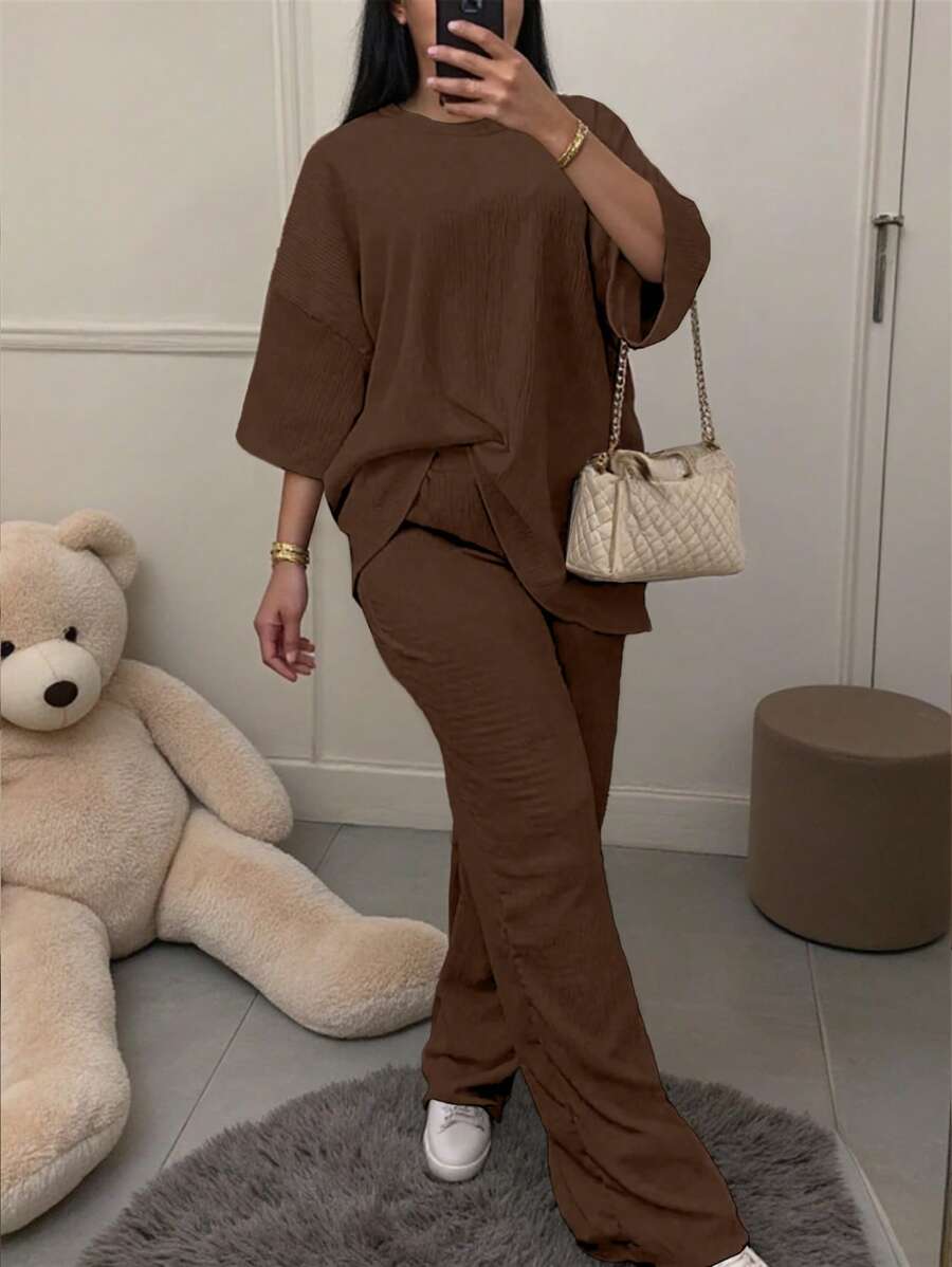 SHEIN 2pcs/Set Plus Size Women Solid Color Round Neck Drop Shoulder Top And Pants - Coffee Brown - View 1