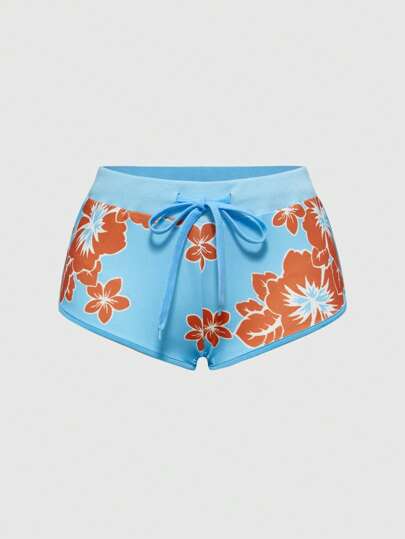 ROMWE Avant Pantalones cortos de playa estilo gyaru hawaiano con estampado de hibisco sexy y delfín para mujeres