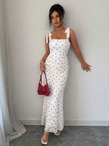 Elenzga Romantic Lace Cherry Print Elegant Mermaid Hem Dress