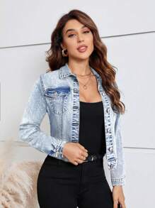 EMERY ROSE Women Street Casual Button-Up Short Denim Jacket, Fall Women Clothes - Light Wash - View 3