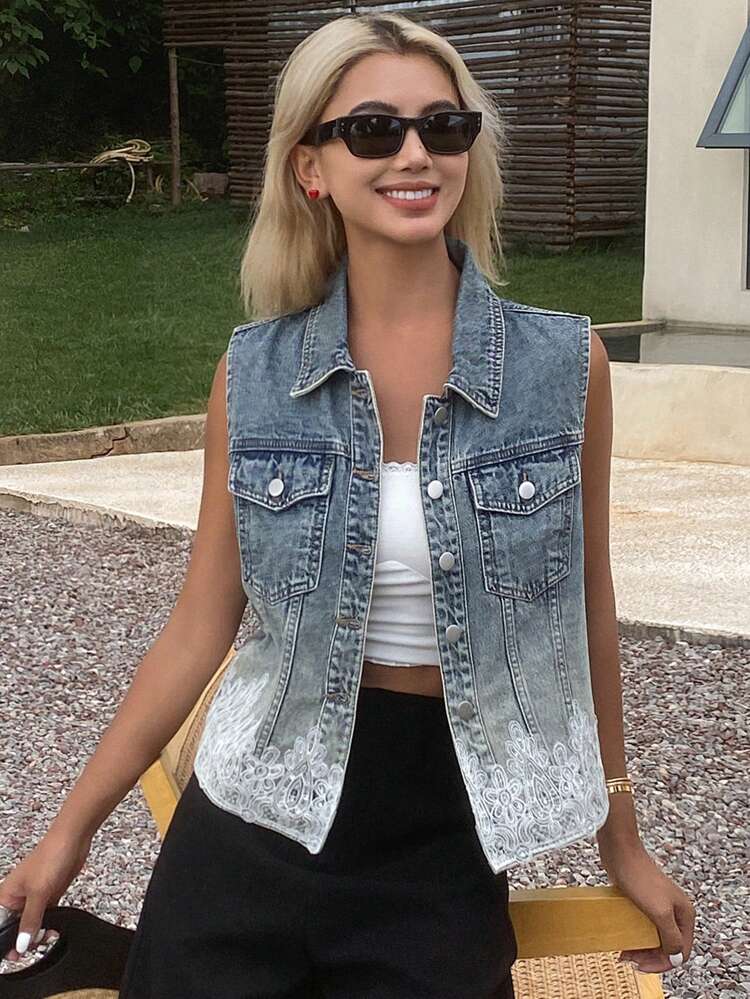 Women's Summer Lace Splice Sleeveless Short Denim Vest Cardigan Jacket, Casual Denim Crop Top For Young Girl,Back To School Clothes