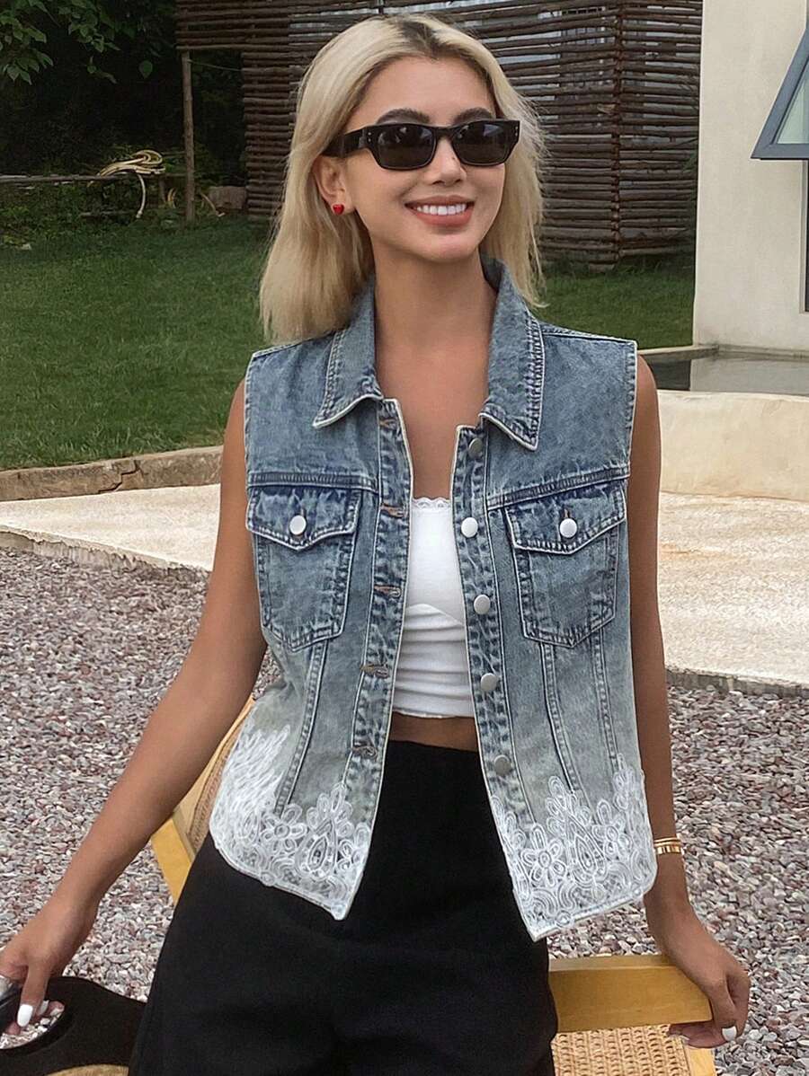 Livesso Veste sans manches en jean avec empiècement en dentelle pour femmes, top court en jean décontracté pour jeune fille, vêtements de rentrée scolaire - Jean bleu - Voir 1