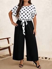 SHEIN Clasi Plus Size Minimalist Stylish Jumpsuit, Suitable For Summer - Black and White - View 3