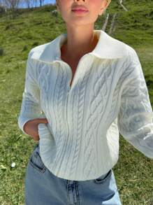 EURMUSE Turn-Down Collar Cable Twist Patterned Zip-Up Knitted Cardigan,Cardigans For Women,Long Cardigans Woman,Petite Cardigans,Cardigans - White - View 3