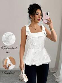 Elenzga Top corto de mujer de unicolor con lazo de moño, escote cuadrado, bordado de mariposa, malla en la cintura y volante, apropiado para citas y fiestas