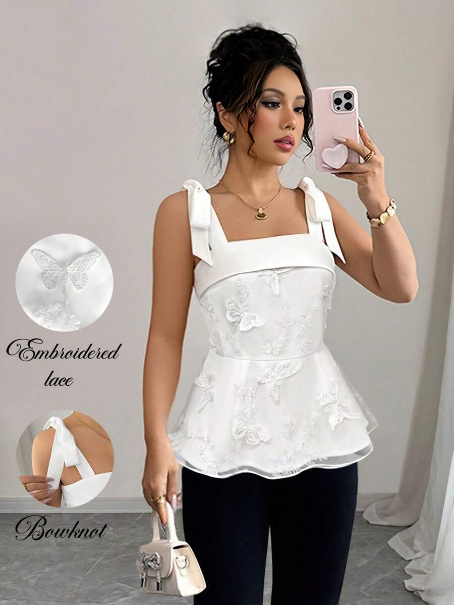 Elenzga Top corto de mujer de unicolor con lazo de moño, escote cuadrado, bordado de mariposa, malla en la cintura y volante, apropiado para citas y fiestas